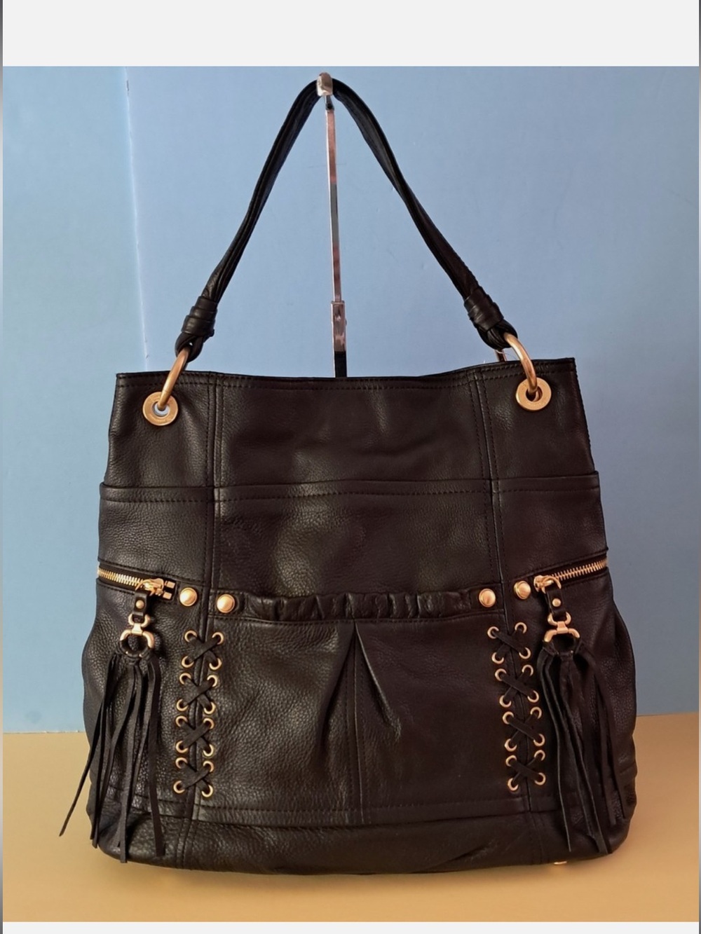 B. Makowsky Black Leather Corset Lace Up Bag